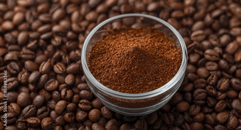 Fototapeta premium Glass bowl filled with natural ground coffee resting on a surface covered in coffee grains
