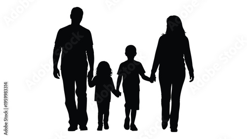 A family of four walking together