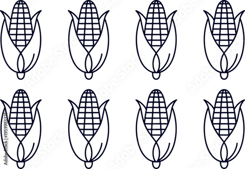 Black and white illustration of corn cobs with kernels in different stages of visibility