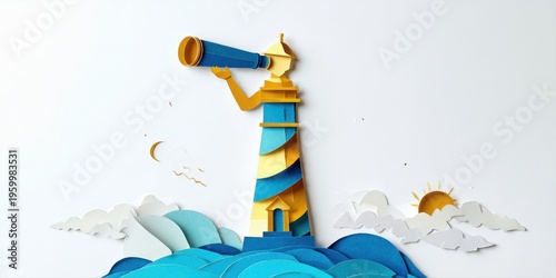 Papercraft lighthouse stands amid waves. Person observes horizon using telescope. Sun, moon coexist in whimsical scene.