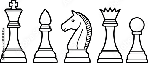 Classic chess pieces set featuring king, queen, knight, bishop, rook, and pawn