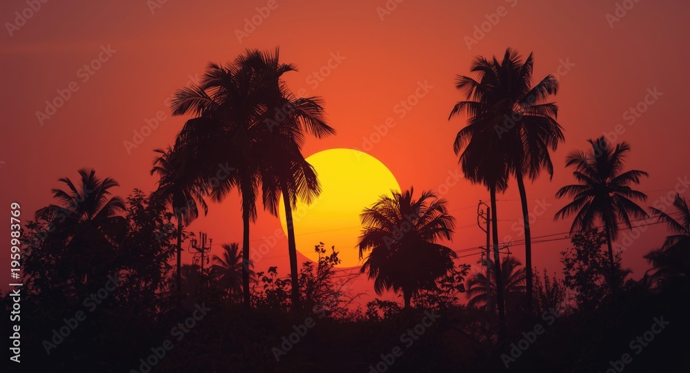 Obraz premium Retro Styled Sunrise with Silhouetted Palm Trees and Warm Glow
