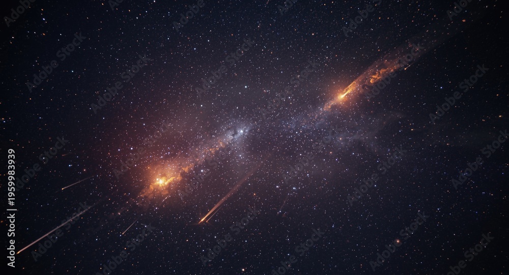 Fototapeta premium Glowing meteorites flying through daytime sky with fiery streaks like flares