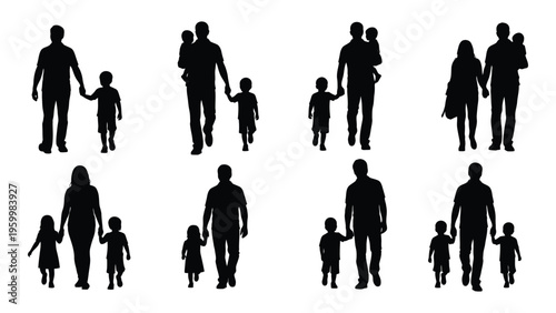 Black silhouettes of parents and children walking together