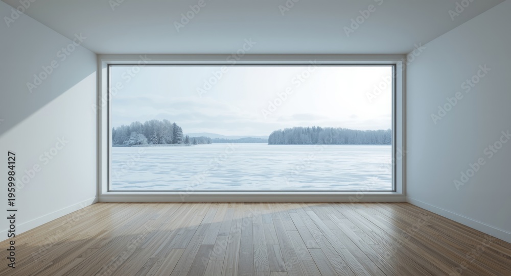 Fototapeta premium Simple empty room with vast window framing frozen winter scenery