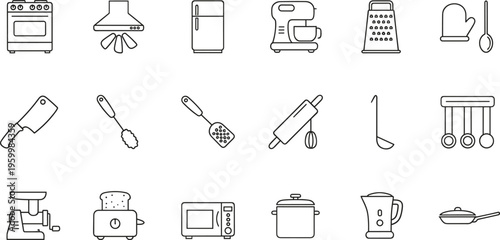 Kitchen appliance and home equipment icons set including blender, mixer, oven, utensils and cooking tools symbols for household, culinary, kitchen design and UI use