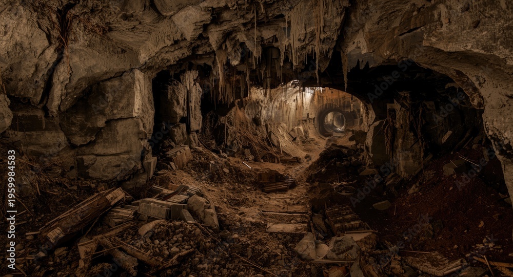 Fototapeta premium Old mining tunnel filled with dirt and collapsed material