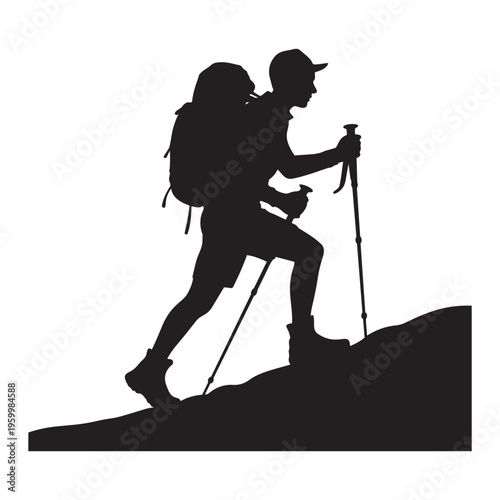 Silhouette of hiker with backpack and trekking poles climbing mountain slope outdoors