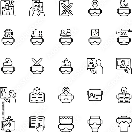A collection of black and white icons depicting virtual reality concepts