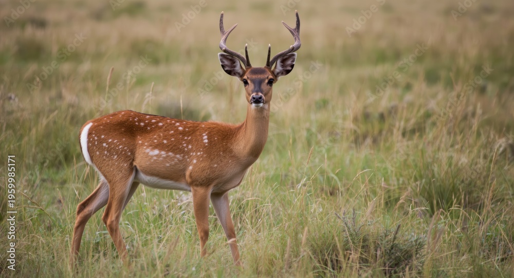 Naklejka premium Roe deer captured in wild grassland habitat