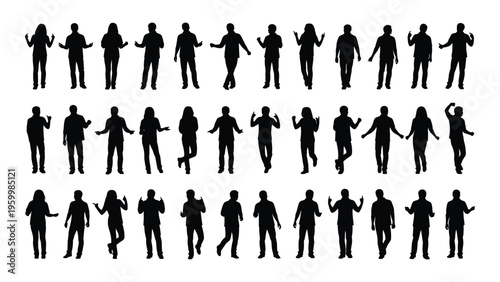 A collection of 36 black silhouettes of people in various poses