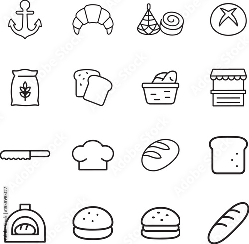 A collection of black and white bakery icons