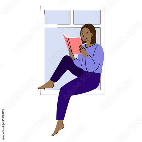 An illustration of a young woman sitting on a windowsill and reading a book.
