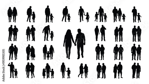 Collection of black silhouettes of people and their pets