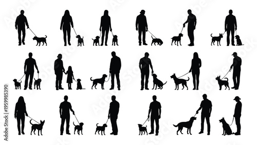 Various silhouettes of people walking dogs in different positions