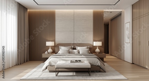 Minimalist modern bedroom with refined furniture serving as interior design background