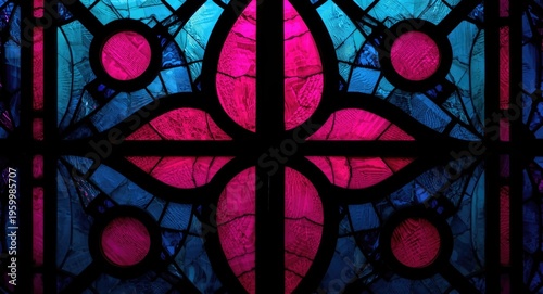 Stained glass window art depicting symmetrical arrangements of vibrant magenta and blue circles and triangles