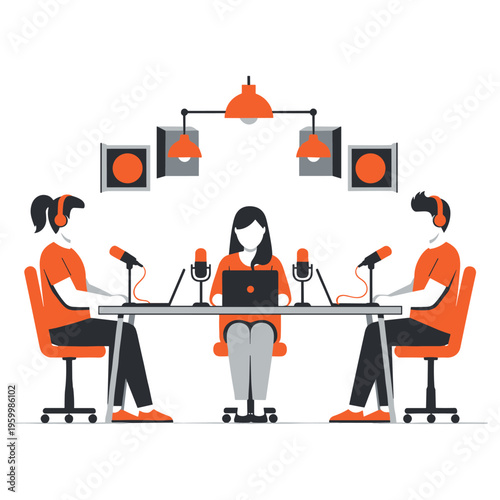 People recording podcast in modern studio with professional microphones and orange accents