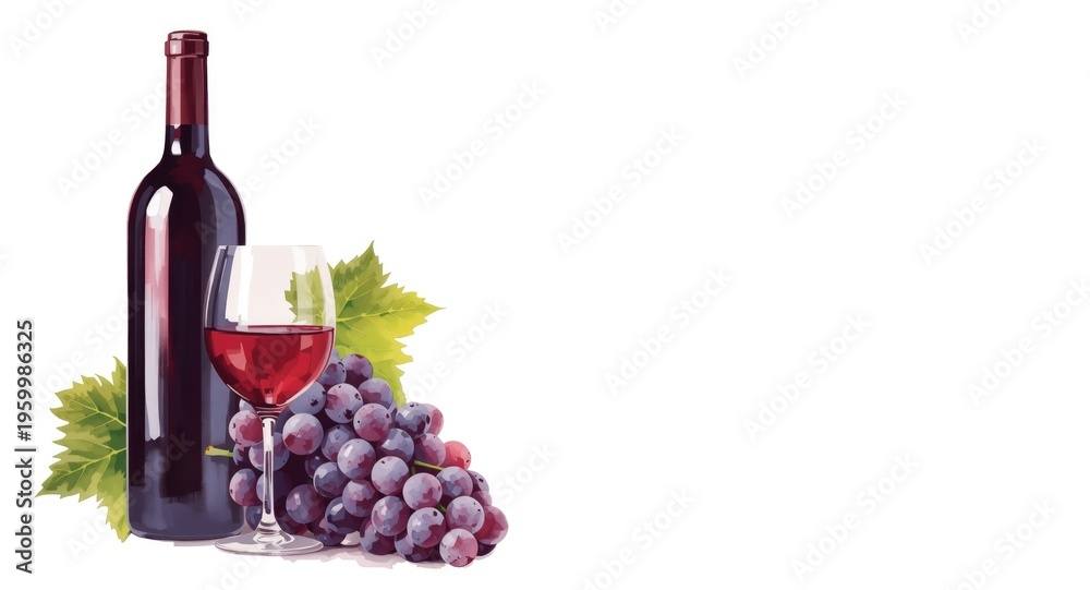 Obraz premium Painterly watercolor artwork featuring red wine glass bottle and grape cluster on white background perfect for celebration or rest
