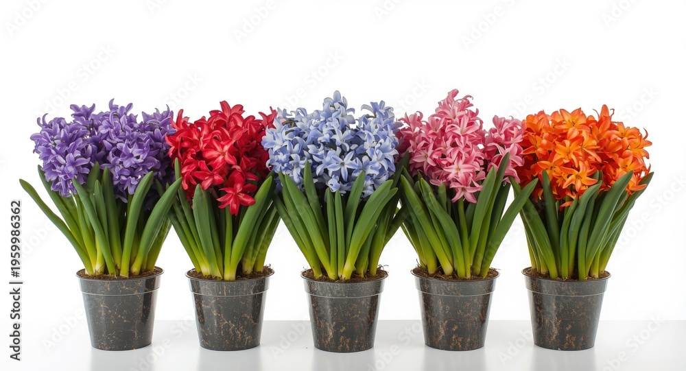 Obraz premium Colorful hyacinth flower arrangements in pots with a clear white backdrop for seasonal decoration