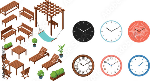 Isometric Outdoor Garden Furniture Vector Set Featuring Wooden Benches Tables Pergola With Hammock Sun Loungers And Potted Plants For Backyard Landscaping Architecture Visualization