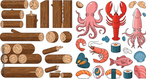 Wooden Logs And Timber Vector Set Featuring Tree Trunks Cut Branches Wood Piles And Planks For Forestry Industry Carpentry Construction And Rustic Design Elements