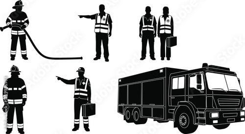 Firefighter silhouette set with fire truck, rescue worker and paramedic figures in safety vests, emergency responder icons for industrial security service design