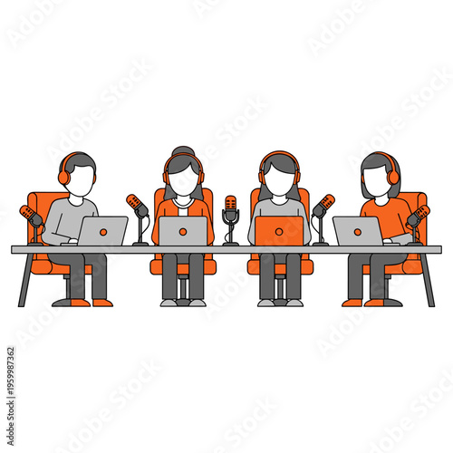 Group of four professional podcasters working at long table with microphones and laptops