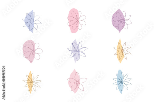 Nine abstract floral line art illustrations on a crisp white backdrop. Each delicate flower outline sits atop an organic, irregularly shaped pastel color wash in soft pink, blue, purple, or yellow.