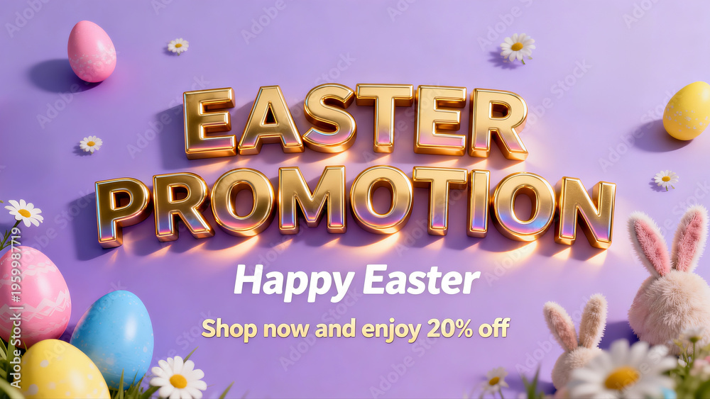 Naklejka premium 3D Text Easter Promotion Social Media Post Story Poster Happy Easter Spring Celebration Gold Typography