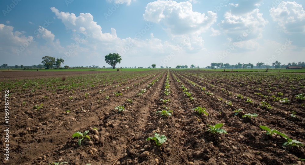 Obraz premium Large-scale Potato Plantation with Plowed Soil and Tranquil Sky