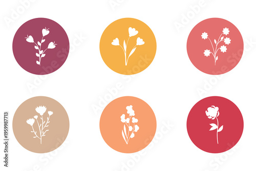 Six unique white flower silhouettes appear within individual solid colored circles on a white background. This decorative set features diverse plant designs and a range of vibrant colors.