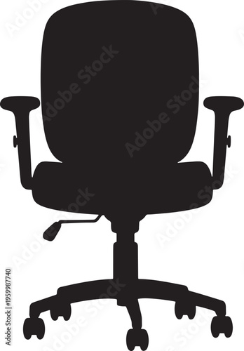 Office chair silhouette with wheels and armrests on white background