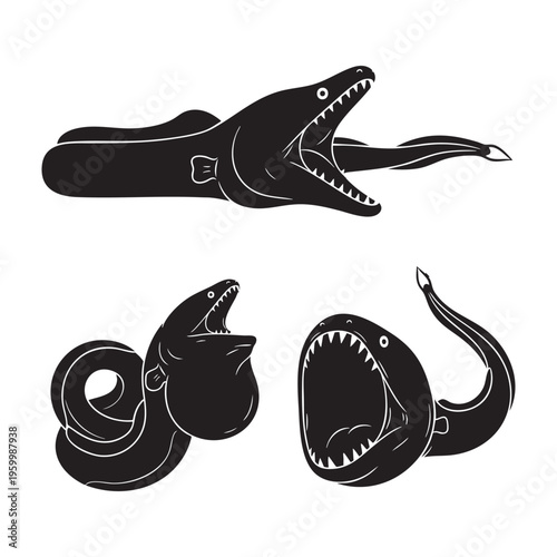 Gulper Eel Three Pose Massive Jaw Silhouette Vector Set