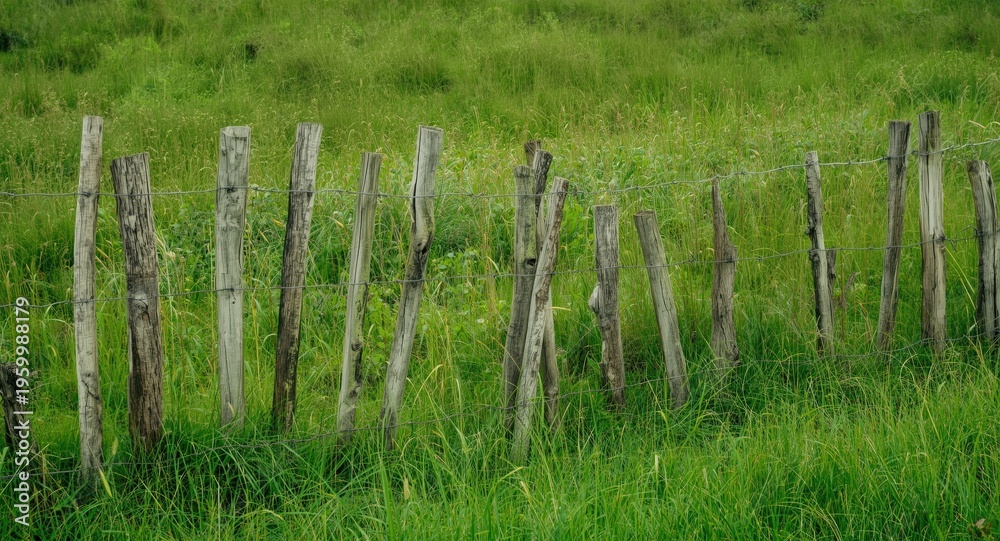 Fototapeta premium Rough wooden fence outlining a dense green grassland under erosion threat