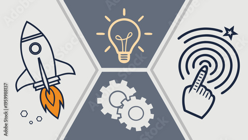 Innovation technology concept with rocket launch light bulb idea gear settings and wireless touch interface representing startup growth creativity and digital development