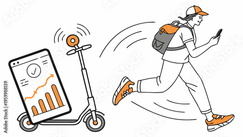 Delivery service concept with courier running and electric scooter showing fast shipping mobile app tracking and urban logistics with modern transportation