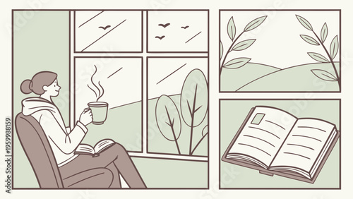 Cozy home relaxation concept with person drinking coffee by window reading book and enjoying peaceful nature view in calm morning atmosphere