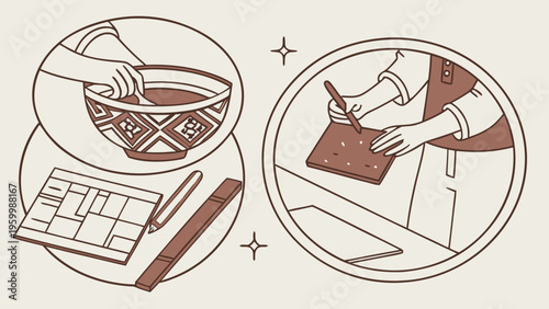 Creative writing and research concept with hands taking notes and using laptop showing content creation learning process and idea development in minimal style