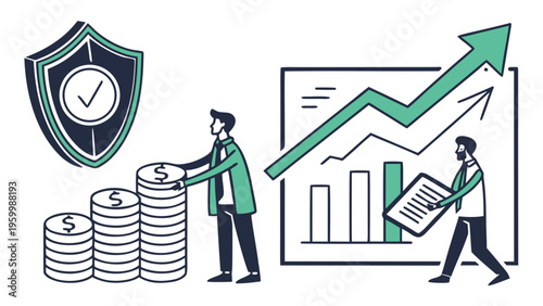 Business security concept with shield protection and financial growth chart showing investment success and data analysis with people managing profits and strategy