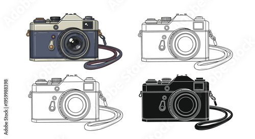 Classic vintage film camera depicted in several styles ranging from a detailed color illustration to simple outlines and a silhouette.