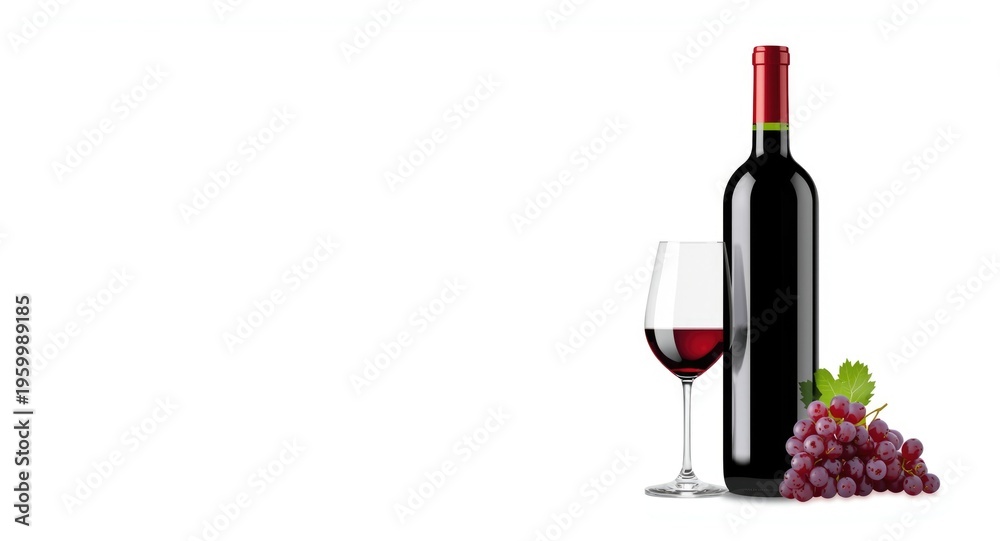 Fototapeta premium Hand rendered red wine bottle grape bunch and glass composition on white backdrop
