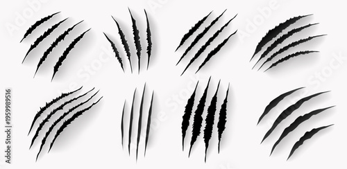 Animal claw scratch mark set with paper slash rips. Realistic vector tears by tiger, lion, bear or wolf paw on grey surface. Scary scrape trails, damaged texture and ripped background design elements.
