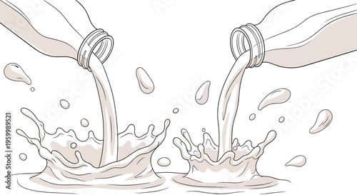 Dynamic illustration of fresh milk pouring from two glass bottles and creating large splashes on a clean white surface.