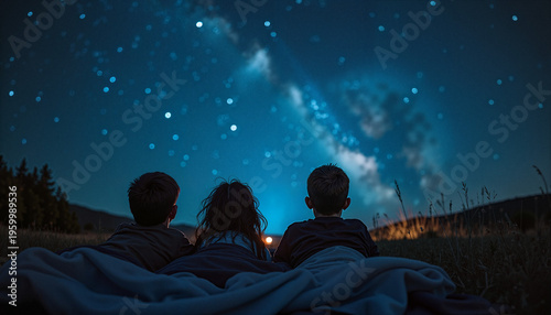 Children stargazing under a starry night sky
