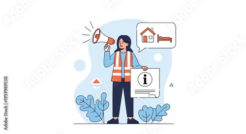 Female safety worker wearing an orange vest and holding a megaphone while presenting information about housing and accommodation.
