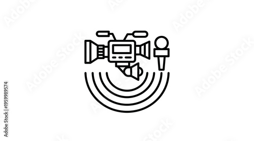 News Reporting Icon with Camera Microphone and Waves