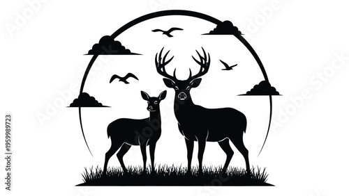 A buck and a doe deer standing in a field