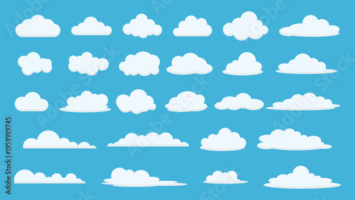 Set of minimalist flat cloud vector illustrations on blue background | Cartoon cloud shapes collection for weather and sky backgrounds | White fluffy cumulus clouds icons set for web design and apps