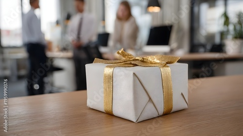 A white gift box with a gold ribbon sits on a wooden desk in a blurred office background with people